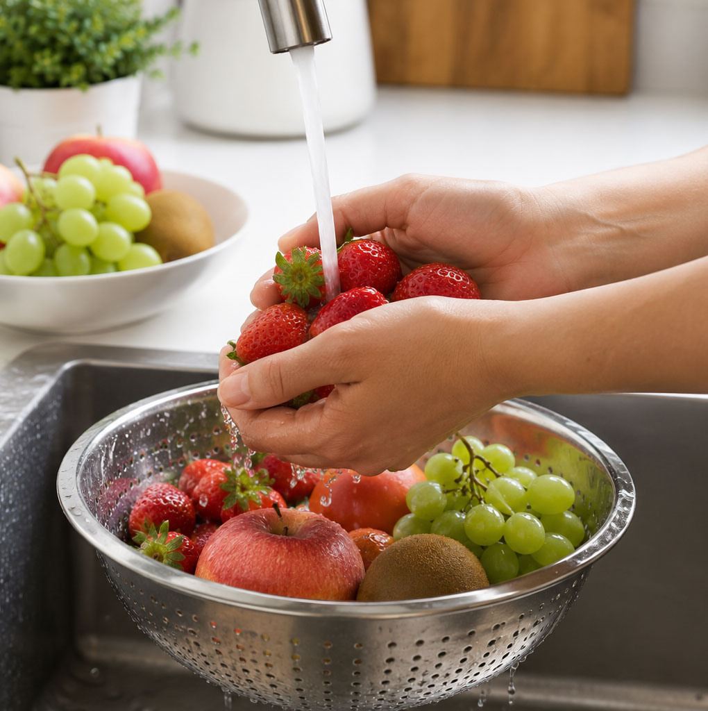 Rinsing strawberries in colander under running faucet