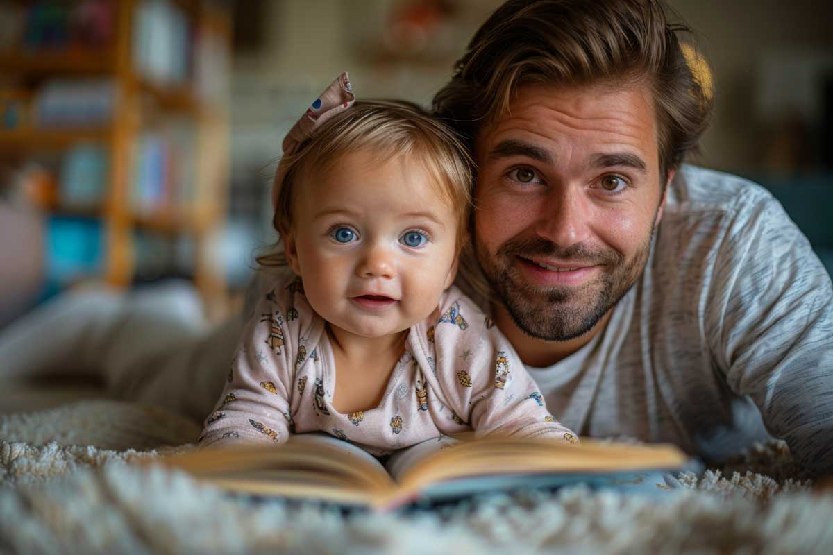 Father and baby lying on the floor, smiling while reading a book together.