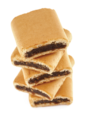 Stack of fig bars arranged neatly on a white background.