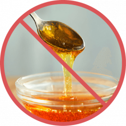 Honey-not Honey dripping from spoon, red prohibition symbol.